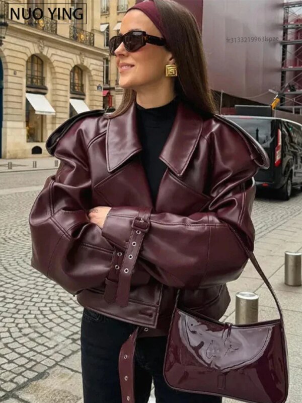 Elegante Vrouwen Lange Mouw Leren Jas Vintage Turn-down Kraag Vrouwelijke Korte Jas Herfst Nieuwe Dames Locomotief Tops Uitloper - AliExpress 200000345