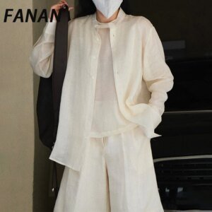 FANAN Minimalisme Linnen Zonnebrandcrème Shirts Dames Stand Hals Single Breasted Lange Mouw Casual Losse Blouses 2025, Zomer Nieuw - AliExpress 200000345