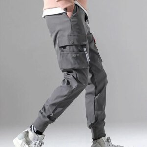 Multi Zakken Effen Kleur Casual Cargo Broek Halfhoge Elastische Tailleband Met Krimpkoord Manchetten Heren Joggingbroek - AliExpress 200000343