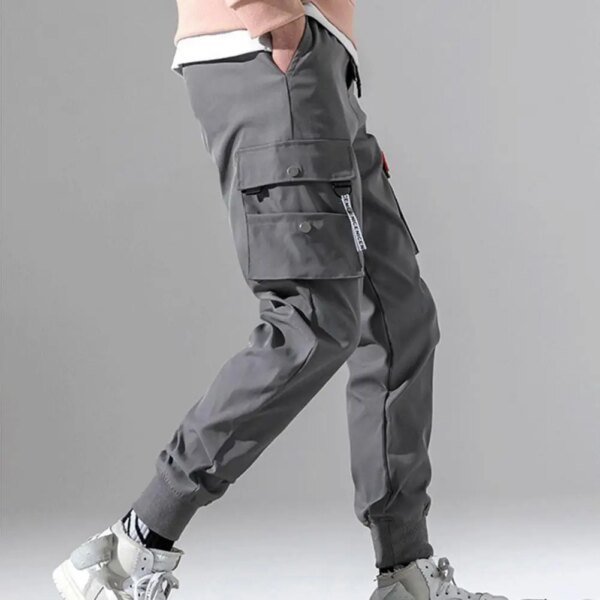 Multi Zakken Effen Kleur Casual Cargo Broek Halfhoge Elastische Tailleband Met Krimpkoord Manchetten Heren Joggingbroek - AliExpress 200000343