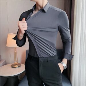 Plus Size 4XL-M Hoge Elasticiteit Naadloze Shirts Mannen Lange Mouw Top Kwaliteit Slim Casual Luxe Shirt Sociale Formele Dress Shirts - AliExpress 200000343