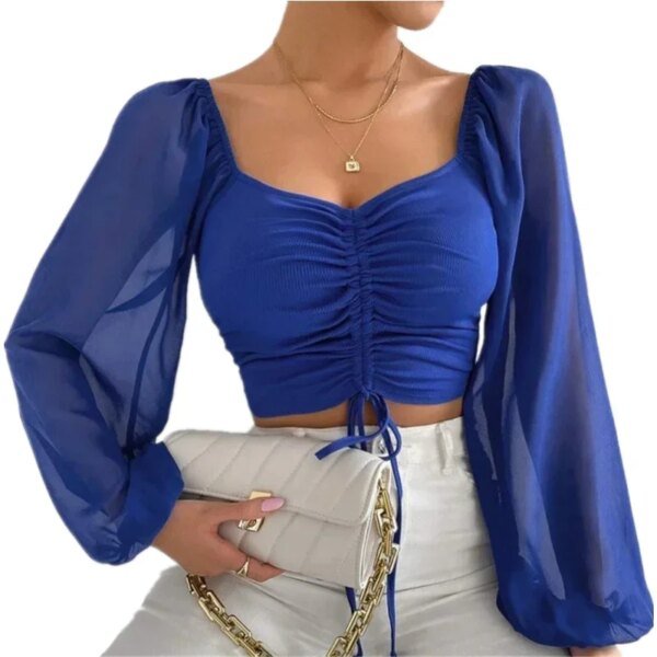 Sexy V-hals Vrouwen T-shirt Casual Trekkoord Crop Tops Tee Dames Blusas Zomer Korte T-shirt Vrouw Kleding Lange Mouw T-shirt - AliExpress 200000345