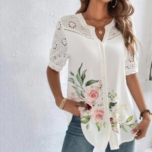 Temperament Casual Kant Damesoverhemd Mode Los overhemd Dames Elegante blouse met korte mouwen Vakantieweekend - AliExpress 200000345