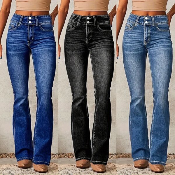 Vrouwen Nieuwe Casual Micro Flares Jeans Vintage Mid Taille Knop Splice Denim Broek Vrouwelijke Kantoor Commuter Broek Trend Streetwear - AliExpress 200000345