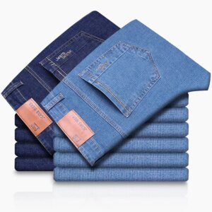 Zomer dunne heren elastische katoenen jeans mode blauw comfortabele zakelijke rechte casual broek merk mannelijke kleding broek - AliExpress 200000343